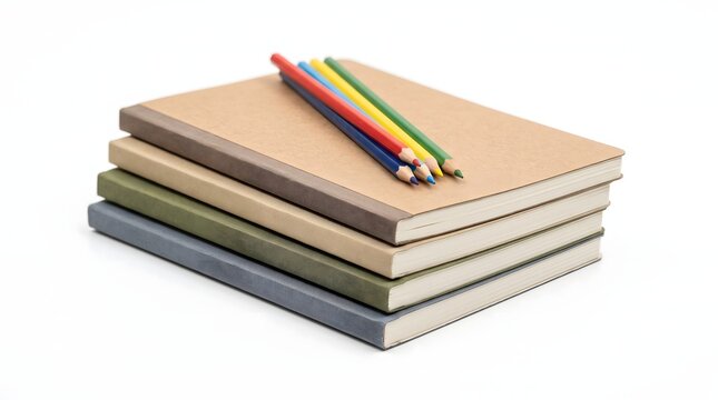 Stacked paper notebooks featuring muted fabric covers and colorful wooden pencils resting neatly on top in soft studio lighting