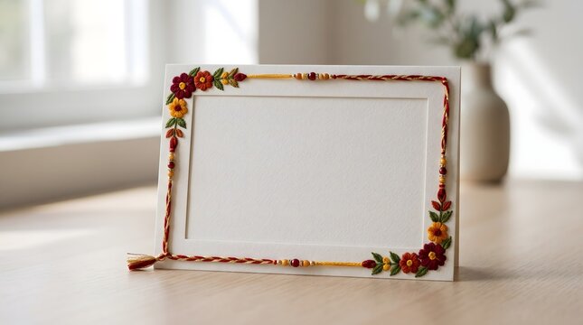 Elegant white greeting card frame decorated with vibrant colorful thread embroidery and golden beads for traditional Indian festival Raksha Bandhan