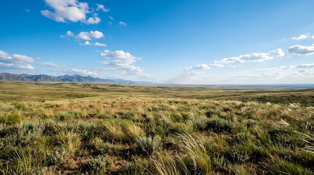 Wide panoramic view of a grassy steppe under a bright blue sky