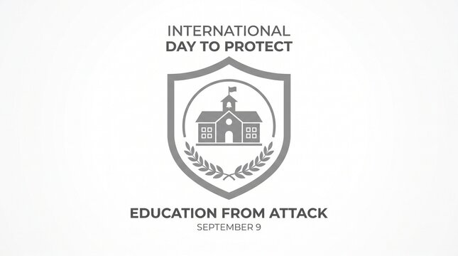 Shield emblem containing a school building illustration accompanied by text for International Day to Protect Education from Attack on September 9.