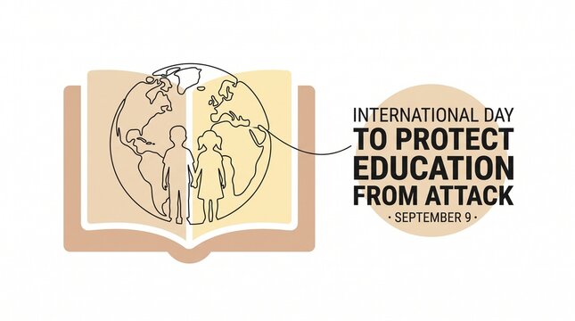 Line art illustration depicting children silhouettes inside a globe over an open book next to typography for International Day to Protect Education from Attack.