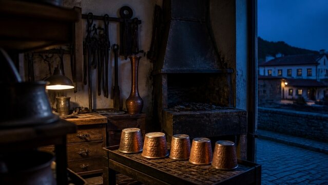 Moody interior shot of rustic wooden bar area, warm low lighting suggesting evening gathering, atmosphere of cozy nightlife, perfect for bar advertising or cinematic scenes