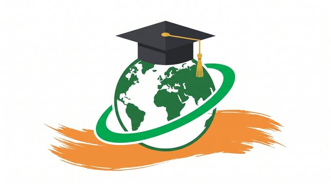 Globe encircled by an orbit ring wearing a graduation cap representing global learning and student achievement.