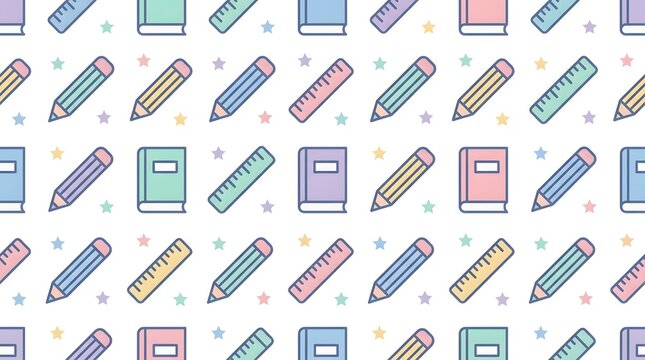 Vibrant school supply pattern featuring cute colorful pencils books and rulers rendered in a flat minimalist digital illustration art style