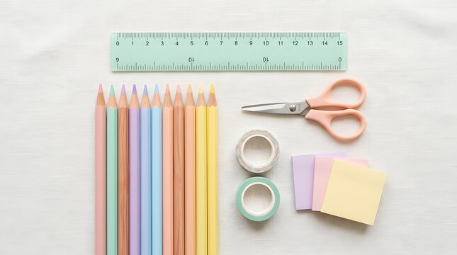 Pastel colored wooden pencils arranged neatly alongside scissors, sticky notes, washi tape rolls, and a clear ruler for creative school projects