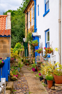 Colourful flowers, whitewashed cottages and traditional stone houses line a narrow passage in the historic fishing village of Robin Hood&rsquo;s Bay, North Yorkshire, England.
