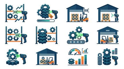 Naklejka premium Modern Warehouse Automation and Inventory Management Illustrated with Colorful Gear and Equipment Icons