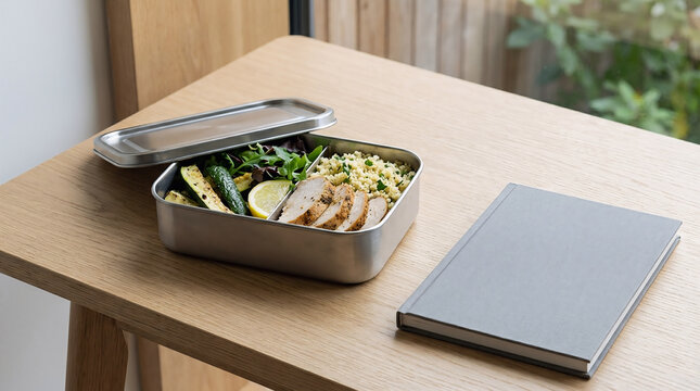 A healthy meal in a stainless steel reusable container meals box on a wooden desk with a notebook for a balanced lunch at the office or while working