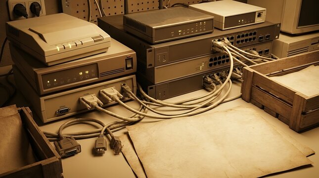 A vintage network equipment visualization showing old modems routers and network equipment with serial phone audio and ethernet connectors for computer and technology concepts 3D render old modems