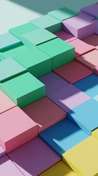 Colorful Cube Blocks Shifting and Rearranging in a Seamless Looping Animation. Abstract Geometric Design with Pastel Hues.