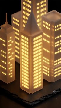 Glowing Skyscrapers Slowly Rotating Against a Dark Background, Showcasing Illuminated Architectural Design. with Buildings