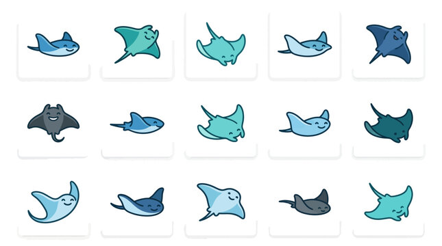 Collection of cartoon stingrays and manta rays swimming.