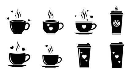 Obraz premium Variety of steaming coffee cups and takeaway cups with heart accents, depicting warmth and love for coffee in various styles