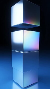 Animated Iridescent Cubes Stack and Rotate Slowly, Showcasing a Futuristic, Glowing Design with Subtle Color Shifts.