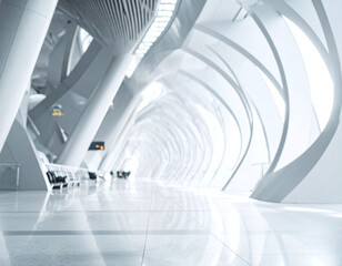 Naklejka premium Futuristic modern architecture interior with bright curved pillars, evoking freedom and progress. Featuring nobody, this empty hall inspires sleek corporate travel concepts.