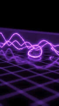 Abstract Neon Waveforms Pulsing Over a Grid Pattern. Dynamic Looping Animation with Vibrant Purple Light Trails and Futuristic Design Elements.