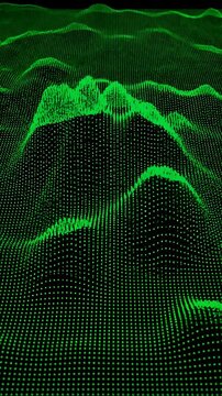 Animated Green Particle Mountain Range Forming and Dissolving in a Looping Motion. Abstract Digital Landscape Visualization.