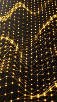 Golden Particle Network Animation Flowing Upwards, Forming Abstract Mountain Shapes. Dynamic Data Visualization Loop for Technology and Science.