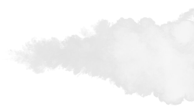 Directional white smoke jet stream overlay, realistic fog mist spray or car pipe exhaust smog isolated on transparent background