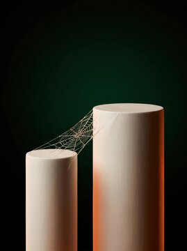 Twin bone china pedestals connected by a spun sugar cobweb bridge, illuminated by rust accent light against a bottle green background