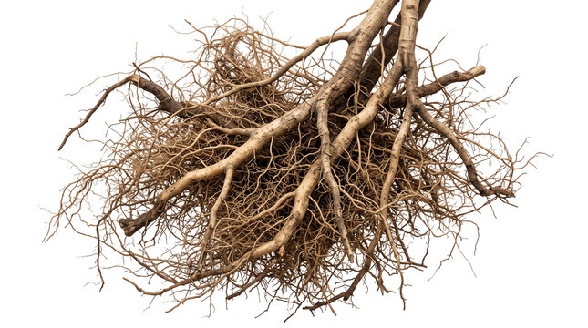 A sprawling intricate network of dried woody tree roots featuring chaotic intertwined branches and a rugged pale brown texture, capturing the raw essence of subterranean flora.