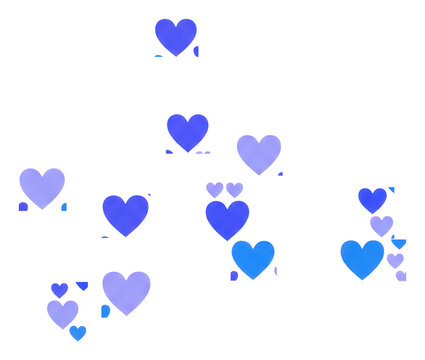 Multitude of blue and purple flat vector heart icons in various sizes forming a large heart silhouette on a minimalist white background. Romantic celebration concept
