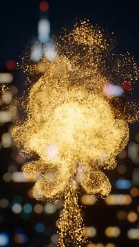 Golden Particle Explosion Erupting Over a City Skyline at Night, Creating a Dynamic, Shimmering Visual Effect.