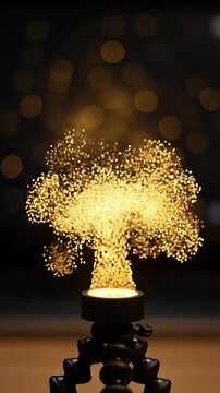 Golden Particle Explosion Animation Forming a Tree Shape, Gradually Dispersing Into a Sparkling Cloud. with Golden Particles
