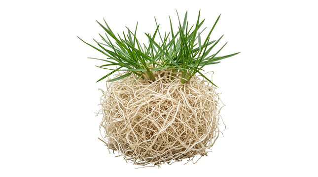 A vibrant green grass seedling sprouting from an incredibly dense intertwined square root plug, perfectly illustrating healthy botanical growth and modern horticulture techniques.