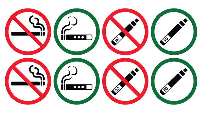 Set of smoking and vaping icons, no smoking and no vaping signs, tobacco restriction symbols, vapor prohibition graphics, safety warning concepts, vector illustration elements