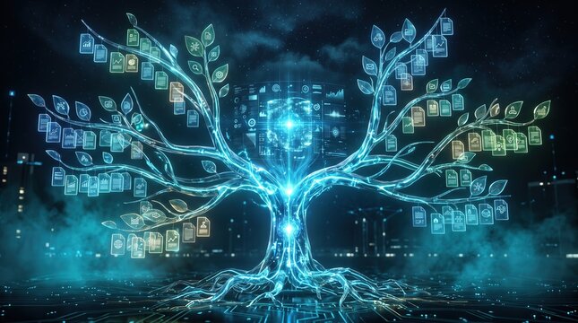 Glowing digital data tree with information icons on branches