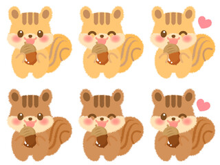 Fototapeta premium どんぐりを食べるかわいいリスのイラスト素材セット3