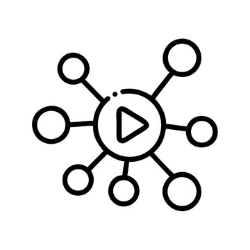 Central play button icon connected to multiple circles representing network.