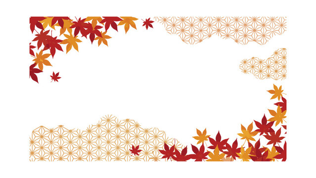 Japanese maple leaf border with geometric asanoha pattern in red, orange, and gold colors maple leaves