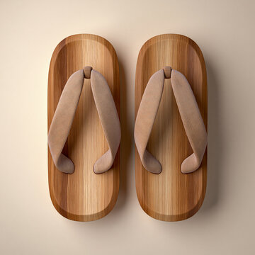 Wooden geta sandals with fabric straps on a neutral background  