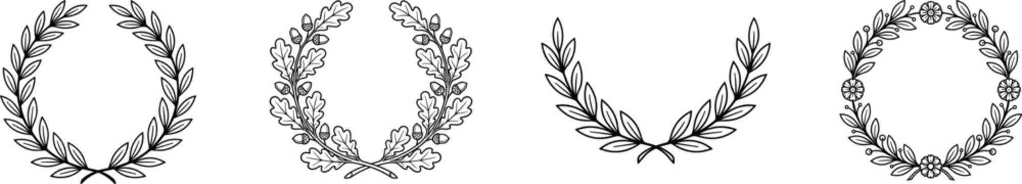 Set of hand drawn laurel oak and floral wreaths for heraldic emblem decoration.