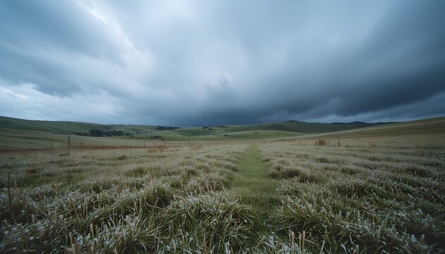 Rolling meadow frost covered surface dramatic storm clouds