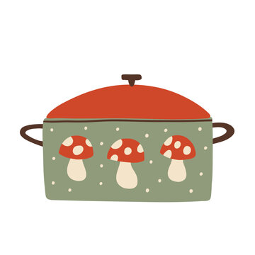 Decorative green cooking pot with red lid and amanita mushrooms. Hand drawn kitchen illustration with simple folk style ornament, spotted mushroom motifs and handles, isolated on white background.