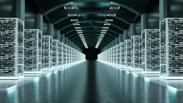 Futuristic data center featuring illuminated server racks on a circuit-inspired floor, representing cloud computing, data storage, networking, and advanced digital infrastructure