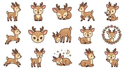 Fototapeta premium Collection of Cute Cartoon Deer Illustrations in Various Poses.