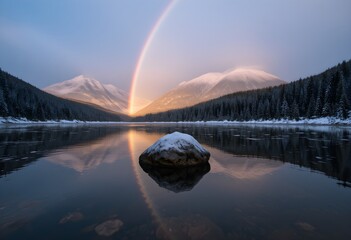 Naklejka premium Rainbow snow dusted landscape reflection in still water