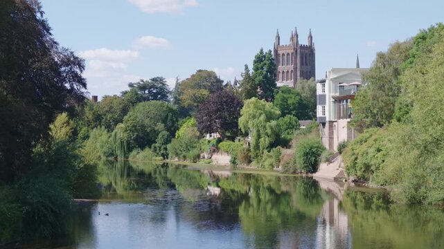 Hereford Cathedral, historic Church of England cathedral with River Wye in foreground