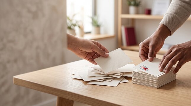 People sorting and organizing cards with red ribbons for World AIDS Day, HIV awareness campaign, healthcare support and medical charity concept