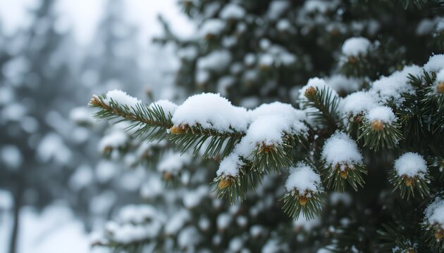 Snowcovered pine tree crisp winter air dew covered