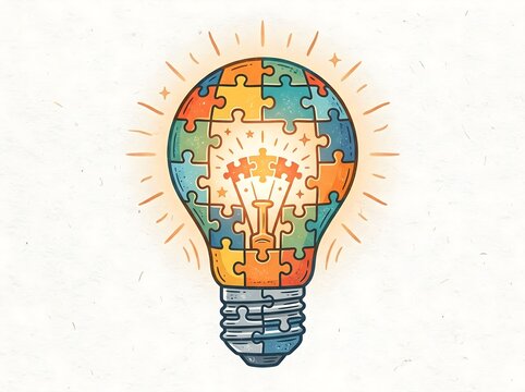 Colorful Light Bulb Made of Puzzle Pieces Representing Creativity and Problem Solving Idea Concept