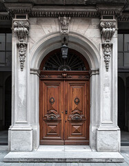 Naklejka premium A grand, historic wooden door with intricate carvings stands framed by a majestic stone archway, evoking mystery and timeless elegance. Ideal for travel or architectural design. Nobody.