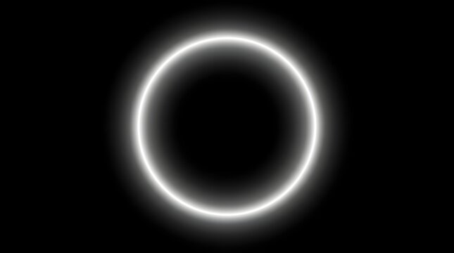 Glowing white circular neon light ring isolated on black background