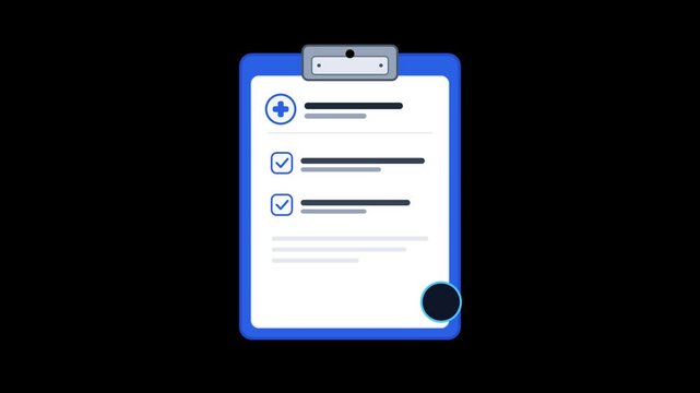 Medical clipboard animation with checkmarks. Healthcare document icon on black background. Patient record and clinical checklist motion graphic.