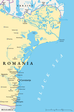 Romanian Black Sea Coast, political map. Also known as Romanian Riviera, stretching from the Danube Delta to the Bulgarian Black Sea Coast with most important resort Mamaia, north of Constanta. Vector