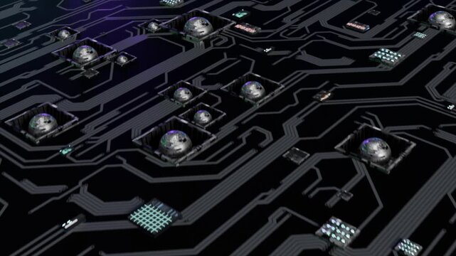 A dark futuristic circuit board floor featuring interconnected electronic components, illuminated processors, and metallic spherical data nodes. The high-tech digital infrastructure